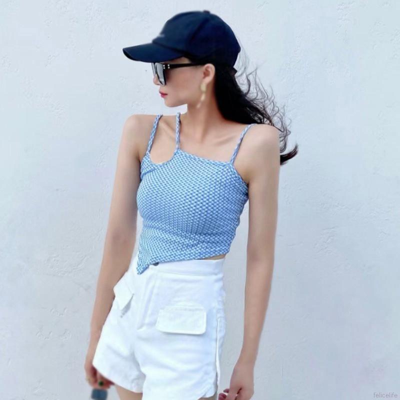 Áo Croptop Dệt Kim Hai Dây Hở Lưng Họa Tiết Sọc Caro Thiết Kế Không Đồng Đều Quyến Rũ Thời Trang Cho Nữ