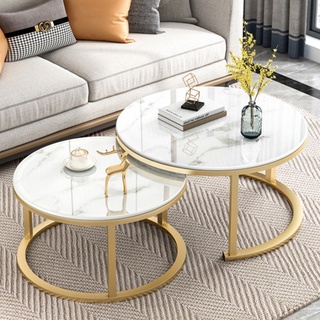 Bàn trà tròn đôi, Bàn sofa mặt gỗ vân mây, chân kim loại