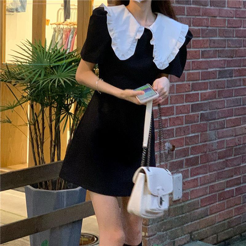 Đầm ngắn cổ búp bê tay phồng màu đen thời trang mùa hè dành cho nữ