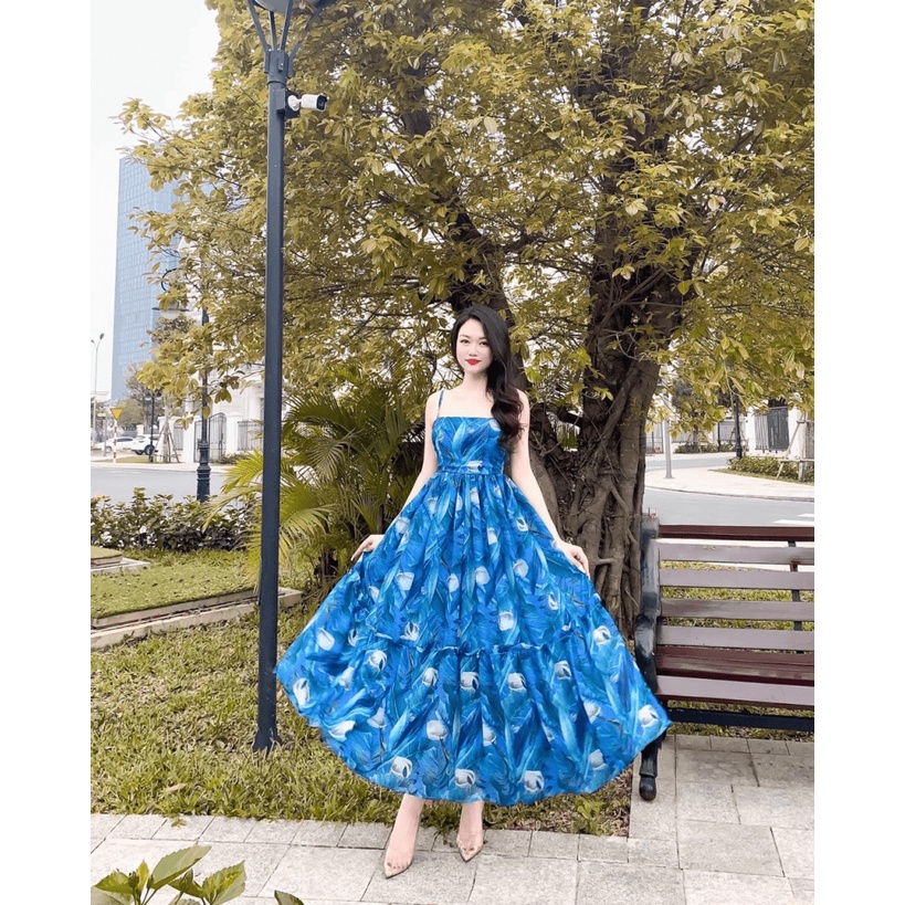ĐẦM VOAN NỮ IN HOA DÁNG XÒE HAI DÂY THANH THOÁT NHƯ CÔNG CHÚA HHP FASHION