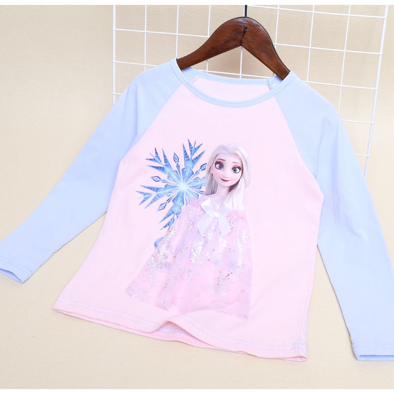 DISNEY Áo Thun Tay Dài Phối Ren 3D In Hình Công Chúa Elsa Cho Bé Gái 2-10 Tuổi