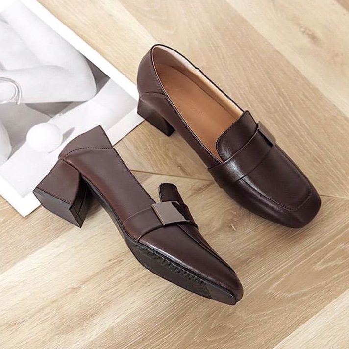 GIÀY DA MỀM 5P KHUY VUÔNG | TRẮNG NÂU ĐEN