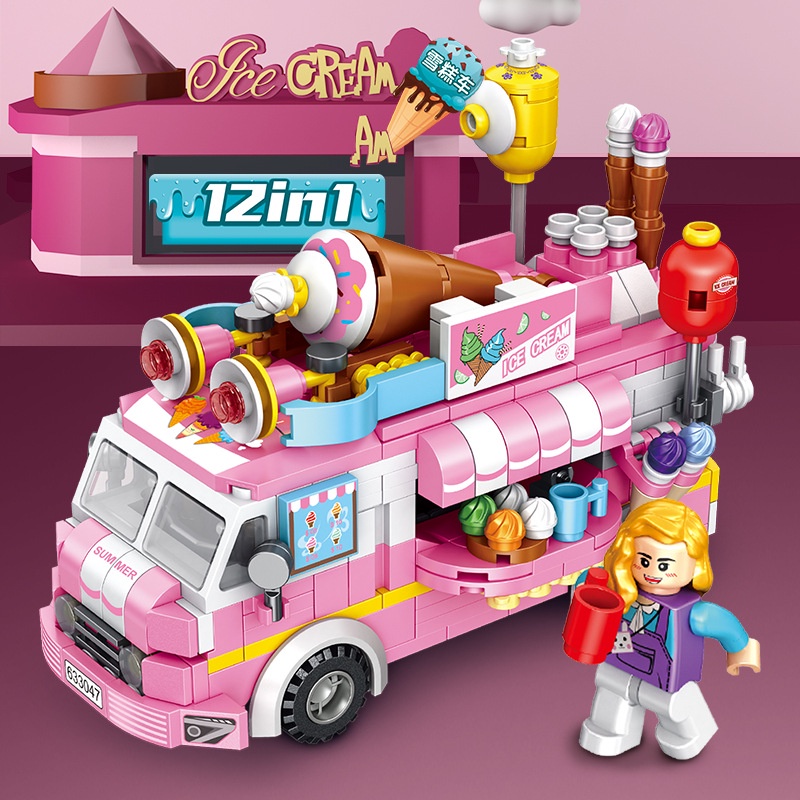 Bộ đồ chơi Lego lắp ráp xếp hình mô hình xe bán kem 12 in 1  màu hồng dễ thương - Đồ chơi cho bé gái