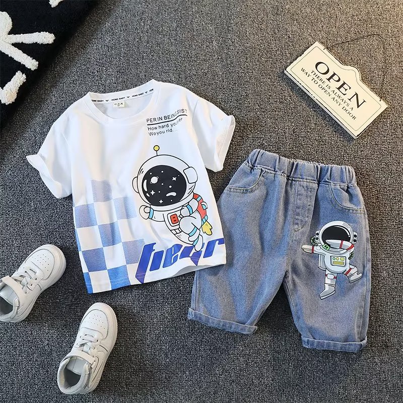 Bộ Áo Thun Tay Ngắn + Quần Short Denim Dáng Rộng In Hình Phi Hành Gia Hoạt Hình Thời Trang 2022 Cho Bé Trai 3-15 Tuổi 90-160