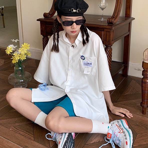 Sơ mi RUBY RUBY  logo tem có túi, chất thô lụa dầy from rộng unisex bazic, nam nữ mặc được