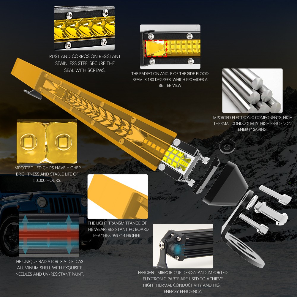 UNI-SHINE 7 inch 10 inch 20 inch hàng đơn Thanh ánh sáng LED mỏng 3000K Điểm lũ lụt màu vàng Thanh ánh sáng xe tải offroad cho ô tô ATV UTV Fog