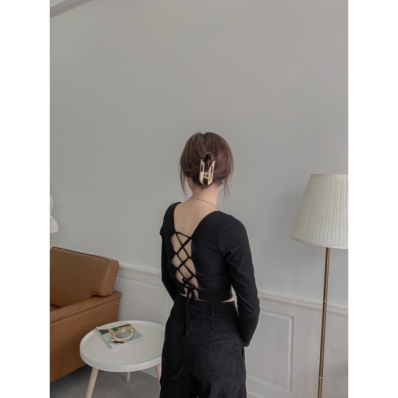 Áo croptop tay dài thun đan dây sau lưng