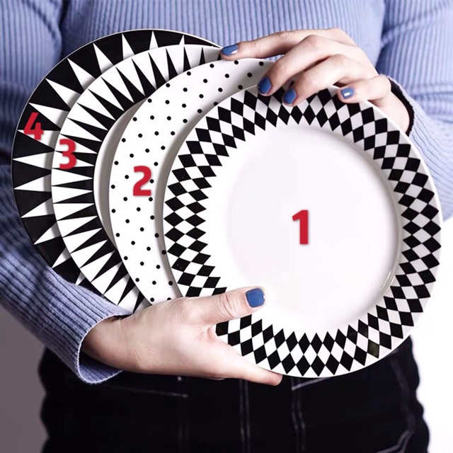 Set 2, 4 đĩa sứ đen trắng cá tính cao cấp bát đĩa sứ đĩa sâu lòng đĩa nông