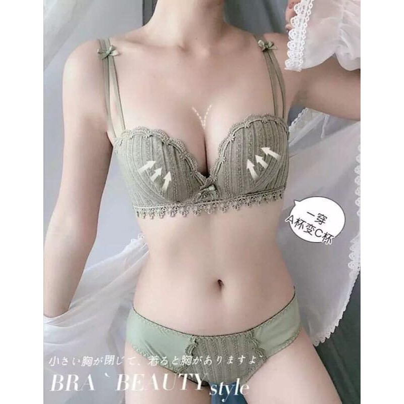 Bộ Đồ Lót Siêu Nâng Ngực, Không Gọng Phối Ren Sexy Quyến Rũ - BỘ LEN TĂM