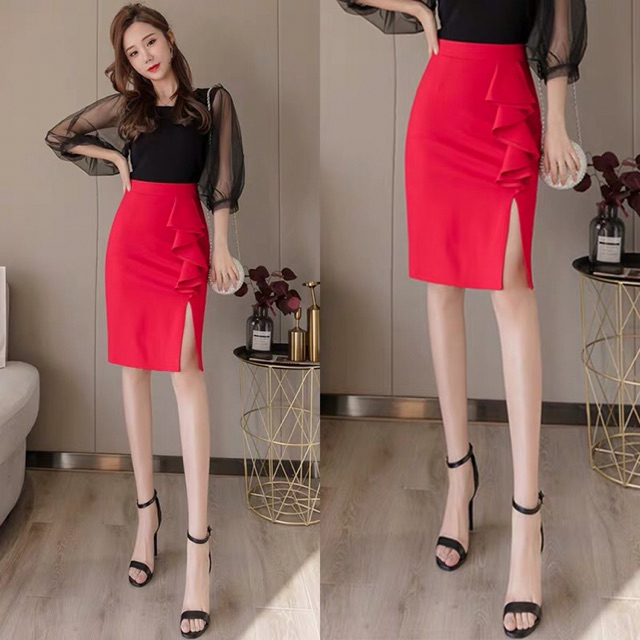 Chân váy bút chì sẻ trước có bèo rũ thời trang công sở nữ | BigBuy360 - bigbuy360.vn