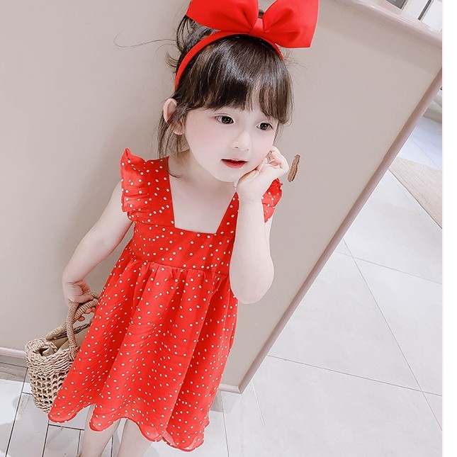 Đầm chiffon sát nách màu đỏ họa tiết chấm bi phong cách Hàn Quốc xinh xắn thời trang cho bé gái