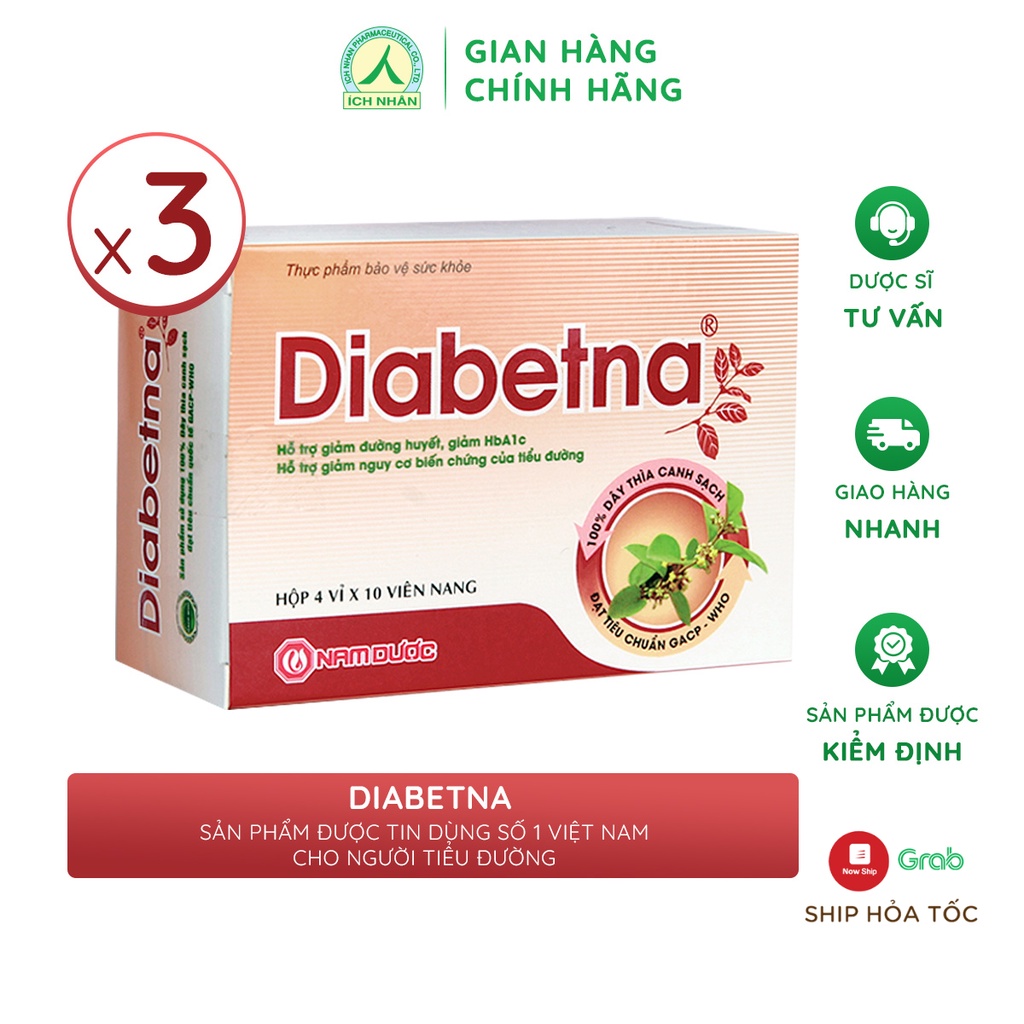 Combo 3 hộp viên uống dây thìa canh Diabetna Ích Nhân giúp ổn định đường huyết, tăng cường sức khoẻ 40 viên/hộp