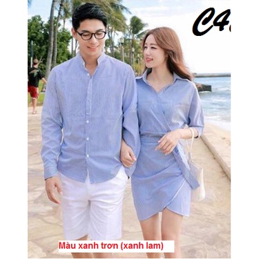 Set sơ mi váy cặp nam nữ màu xanh lam (Da trời) mặc đi chơi, đám tiệc, du lịch biển và chụp ảnh cưới trẻ trung