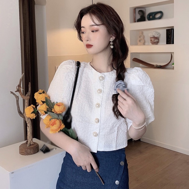 Áo Croptop Tay Phồng Ngắn Màu Sắc Trơn Thời Trang Cho Nữ