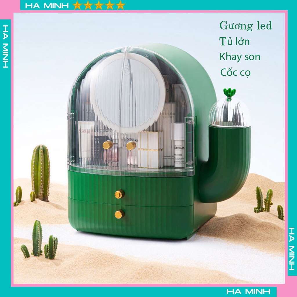 Hộp Đựng Mỹ Phẩm Dung Tích Lớn Để Bàn Có Gương LED Phong Cách Xương Rồng Sang Trọng