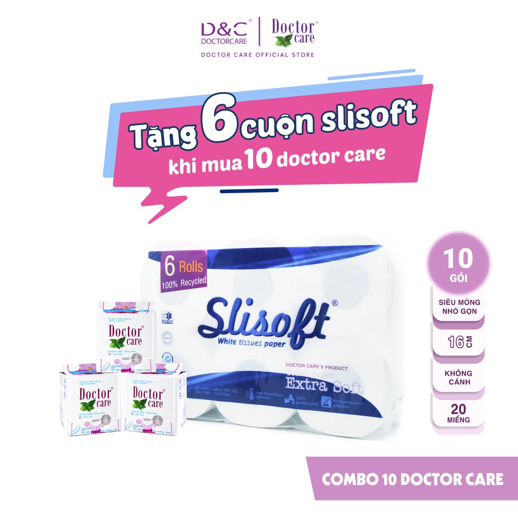 Băng vệ sinh thảo dược Doctor Care hàng ngày 16 cm Combo 10 gói Tặng bịch giấy vệ sinh Slisoft 6 cuộn