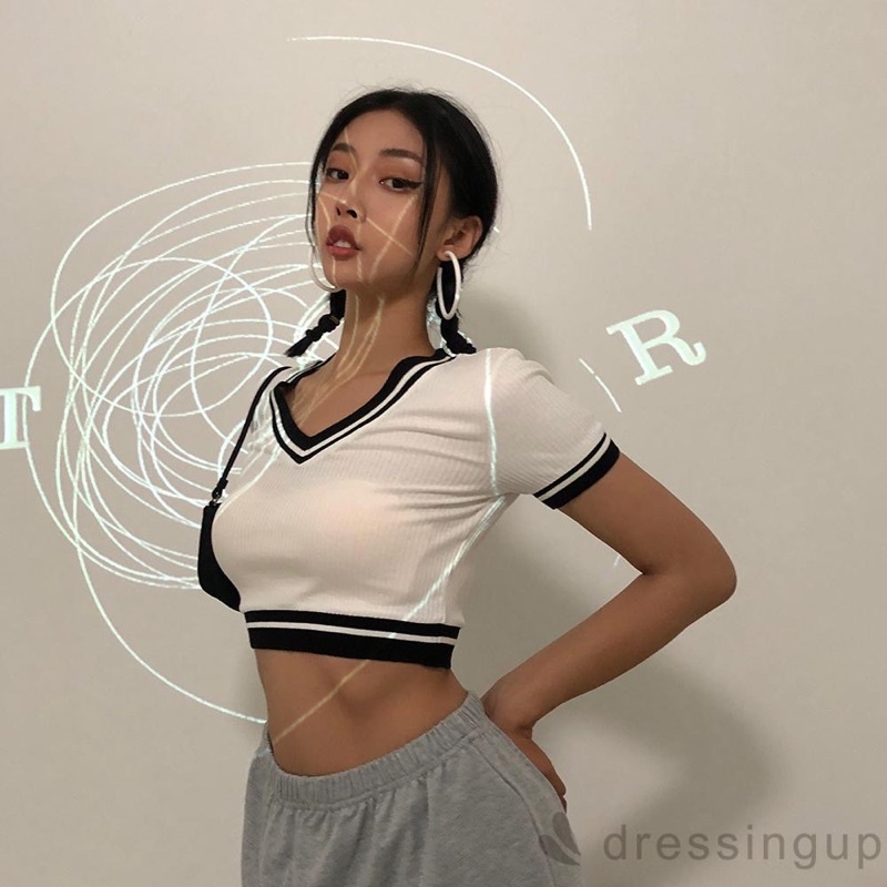 Áo CỔ V VIỀN gb croptop thể thao năng động alohashop91