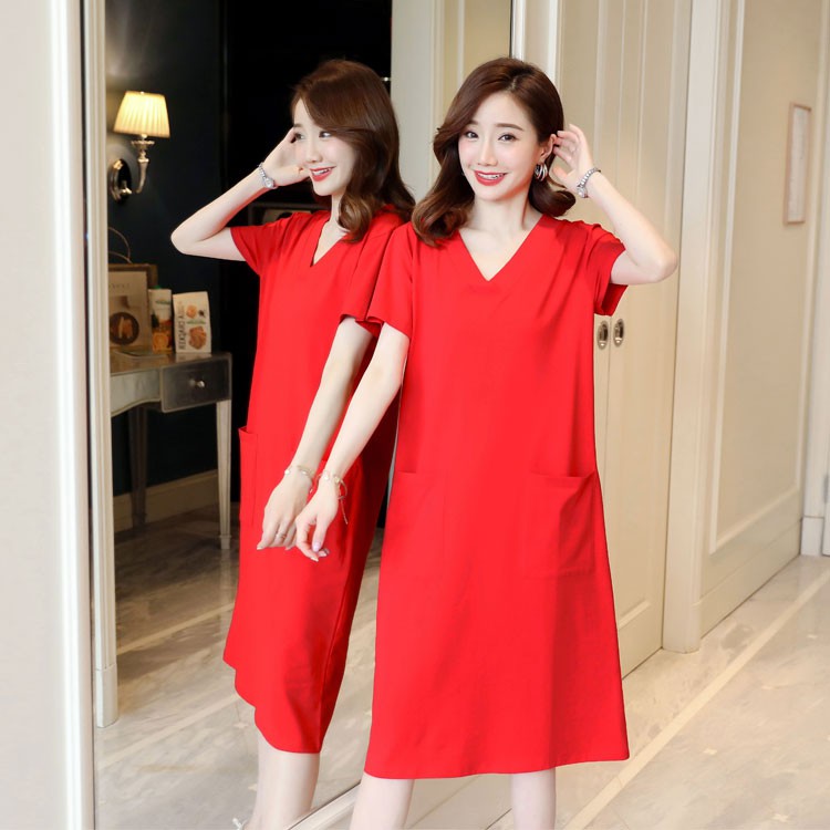 Đầm Thun Cotton Tay Ngắn Cổ Chữ V Dáng Rộng Phối Túi Lớn Thời Trang 2020 Cho Nữ