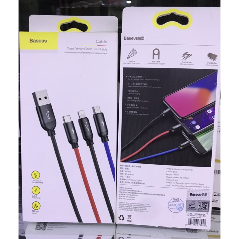Dây Baseus chính hãng ba đầu cao cấp hỗ trợ cho các dòng máy samsung, i.phone, oppo, mi,...