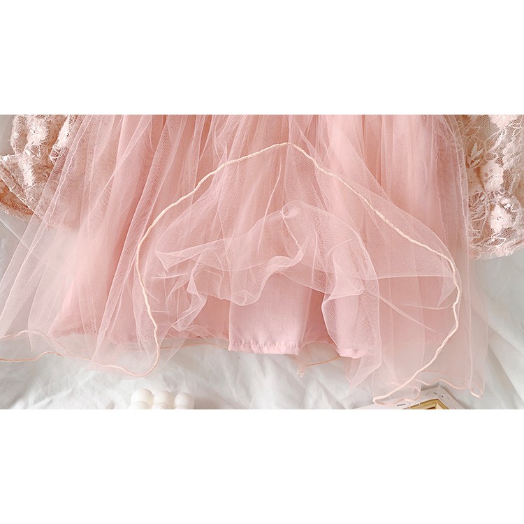 Đầm xòe vải tulle tay dài màu hồng cho bé gái