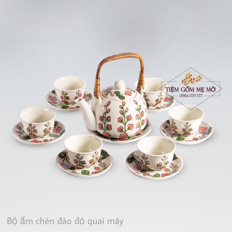 Bộ ấm trà vẽ hoạ tiết đào đỏ phong cách vintage gốm sứ Bát Tràng