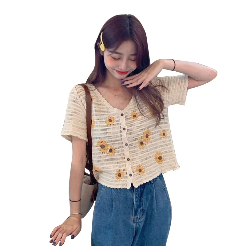 Áo Croptop Dệt Kim Ngắn Tay Cổ Chữ V Thêu Họa Tiết Hoa Cúc Thời Trang Cho Nữ
