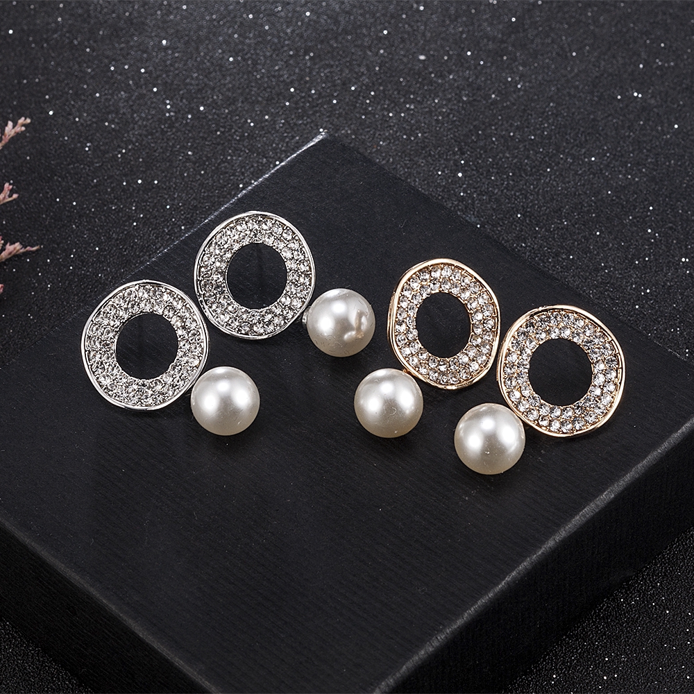 Bông tai dạng xỏ hình tròn đính đá và hạt ngọc trai lớn nhân tạo phong cách Hàn Quốc thanh lịch thời trang