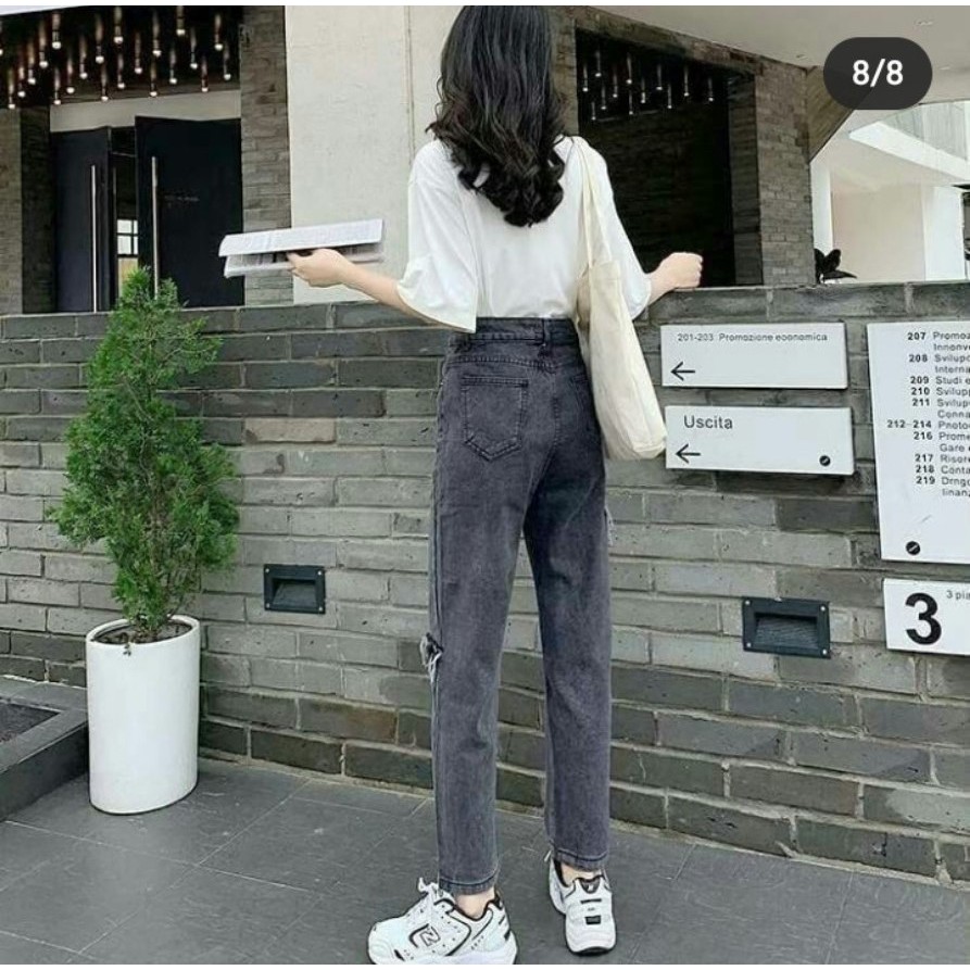 Quần Jeans Nữ Dáng Baggy Họa Tiết Trơn Chất Liệu Vải Bò Denim Không Giãn Cạp Cao Màu Xám Rách 2 Be Lệch-NITIQC