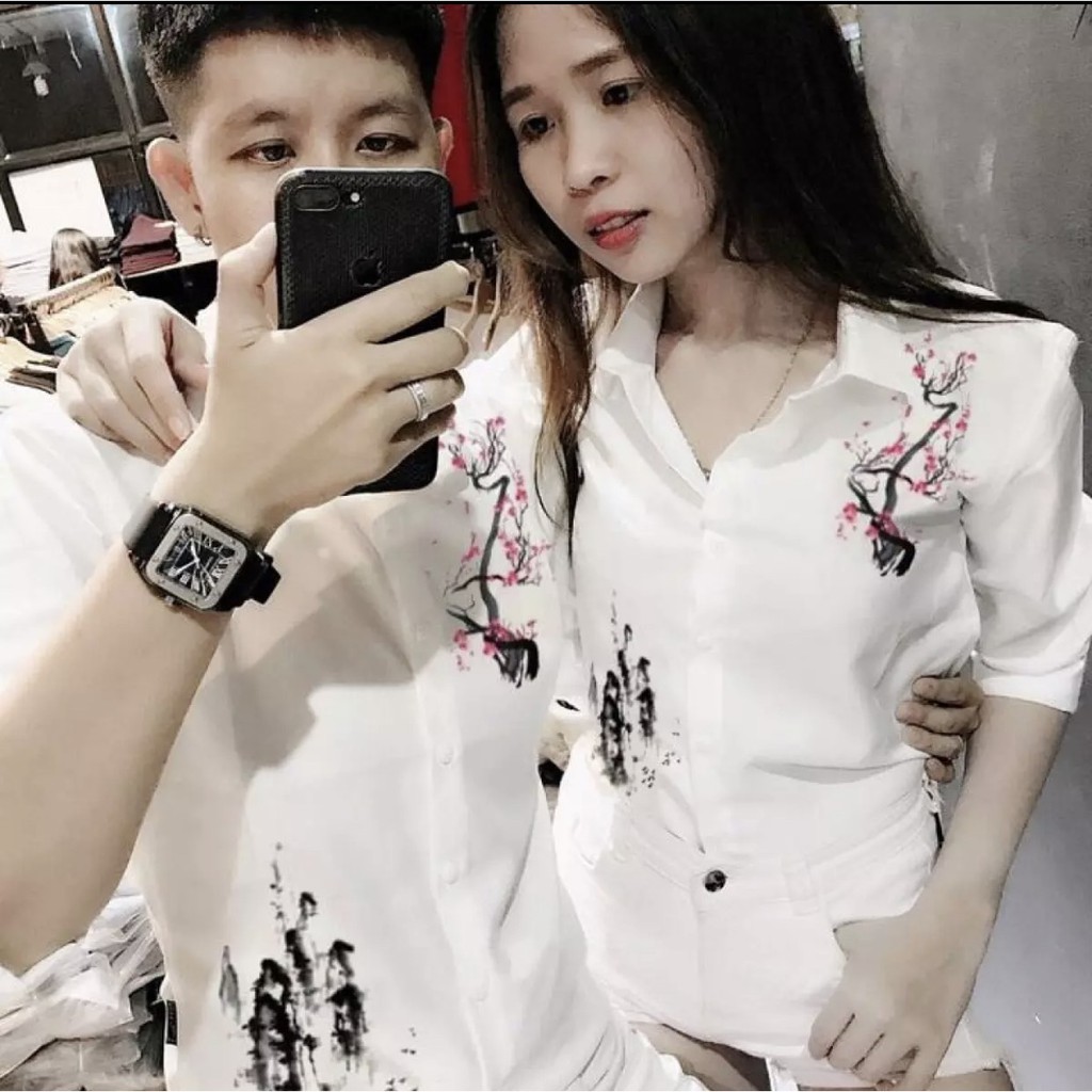 ÁO SƠ MI NAM NỮ LỤA MỊN IN CÀNH ĐÀO NỞ RỘ SẮC XUÂN HÓT CẢ NĂM