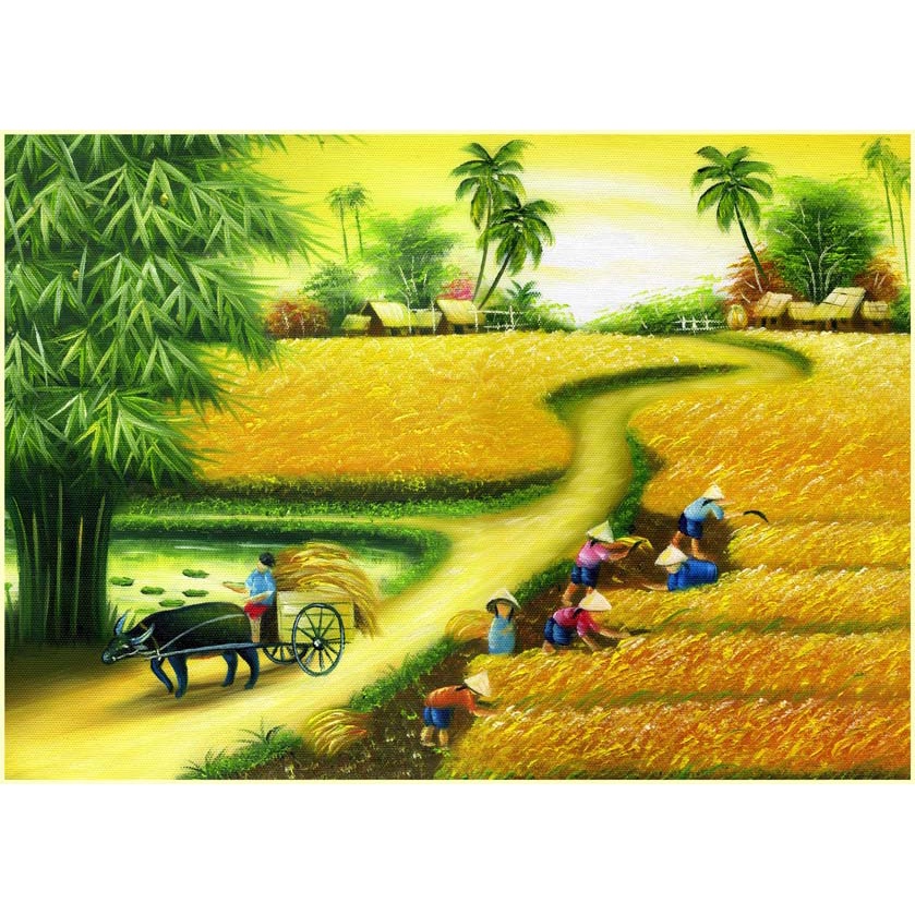 Tranh Dán Tường 3D Đồng Quê Non Xanh Nước Biếc, đồng lúc chín vàng, ao sen nở rộ, cây đa dầu làng, dòng sông xanh mát