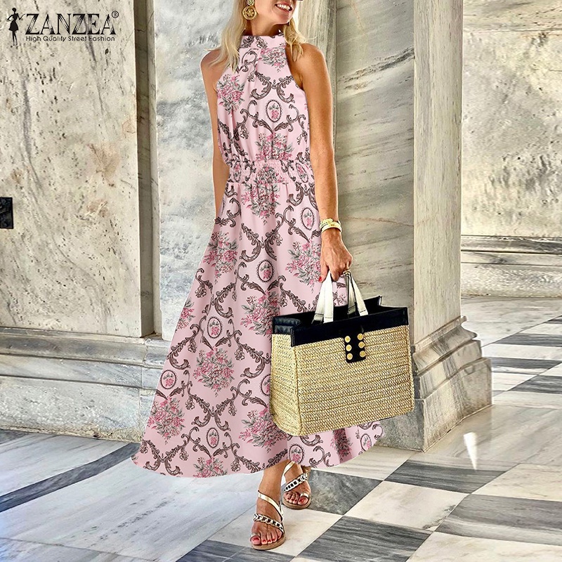 Đầm ZANZEA dáng dài sát nách cổ đứng in họa tiết phong cách Châu Âu thời trang dành cho nữ
