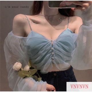 Áo crop top tay dài phối lưới kiểu dáng thời trang dành cho nữ vào mùa hè