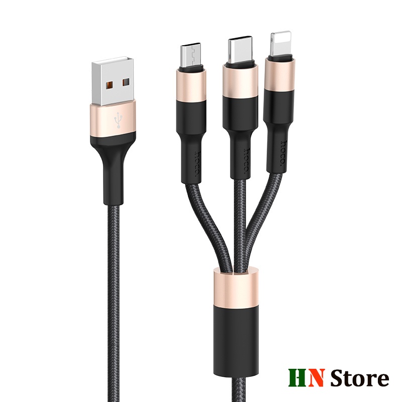 Dây Cáp Sạc đa năng Hoco X26 3 đầu IP/ MicroUsb/Type C, dây dù siêu bền, chống đứt dài 1m