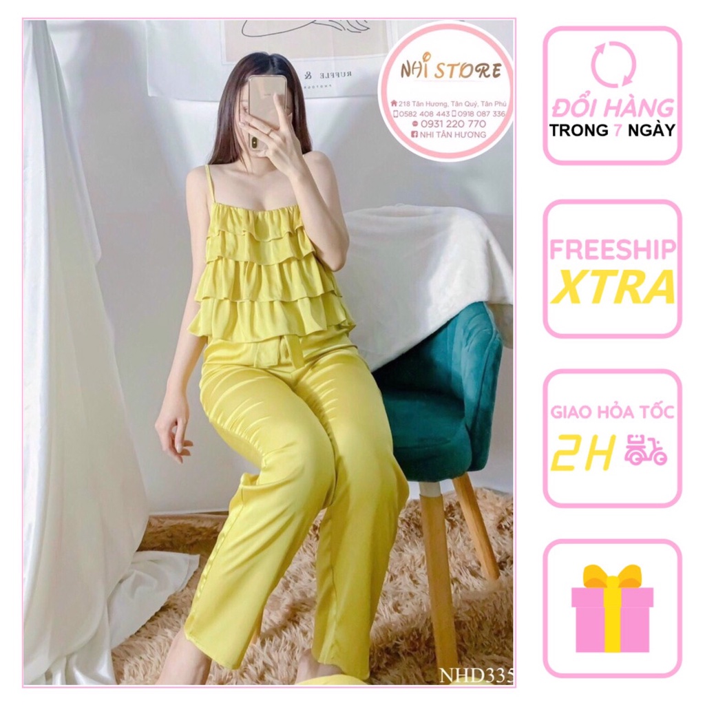 [FREESHIP 50K] Bộ Mặc Nhà Nữ NHISTORE Quần Dài Áo 2 Dây Bèo  4 Tầng Chất Lụa Satin Loại 1  Dưới 57kg