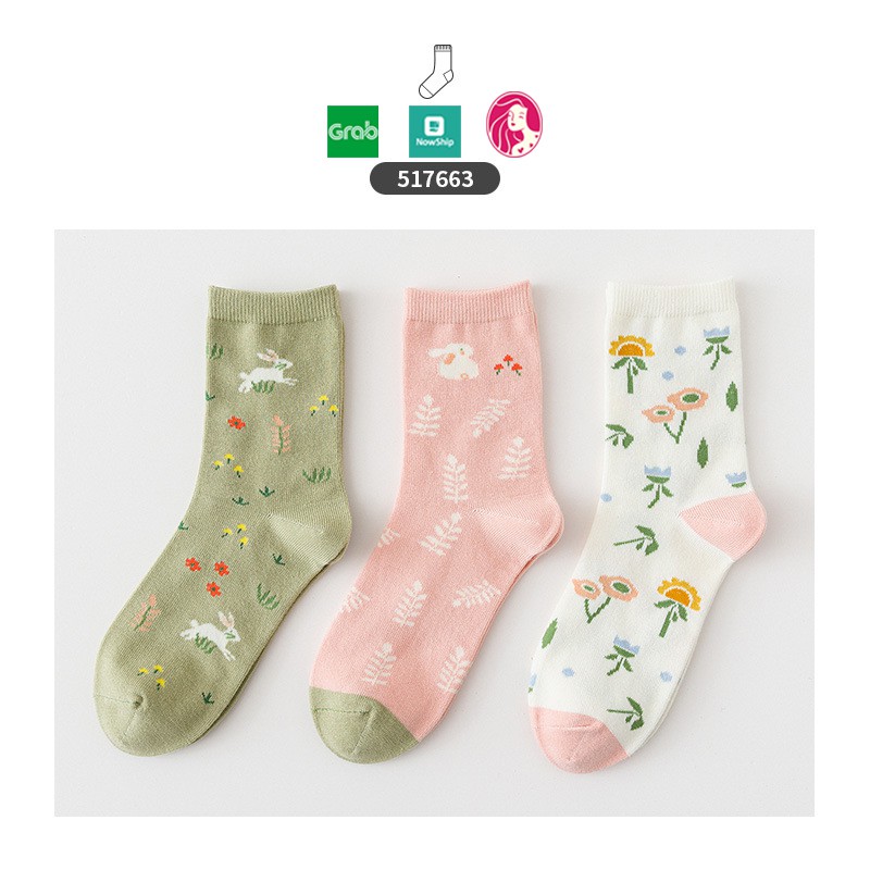Tất nữ cổ cao CARAMELLA, set vớ nữ cao cổ 3 đôi chủ đề Thỏ Xanh Hồng kèm túi zip xinh xắn, mẫu tất đẹp 2021