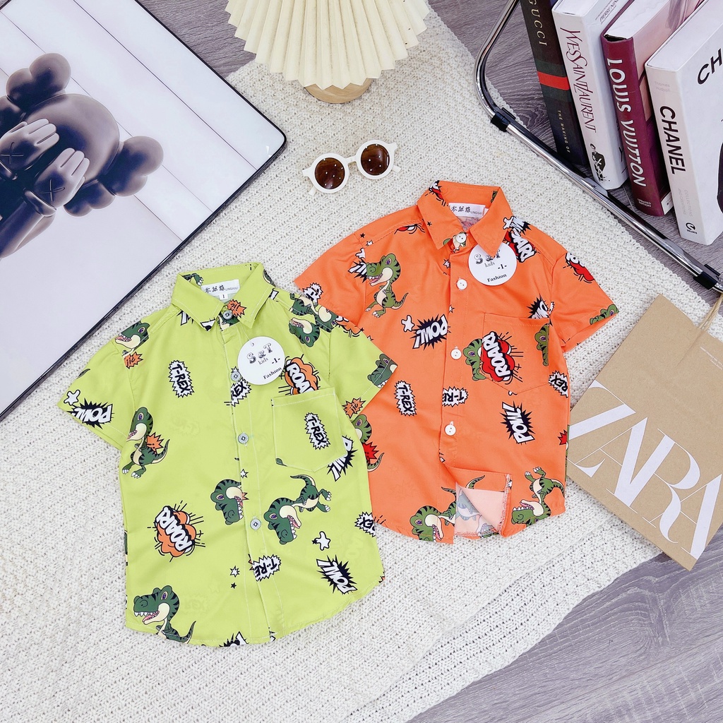 AT05 - Áo sơ mi bé trai, áo sơ mi cho bé trai in hình ngộ nghĩnh, chất đũi từ 8-25kg
