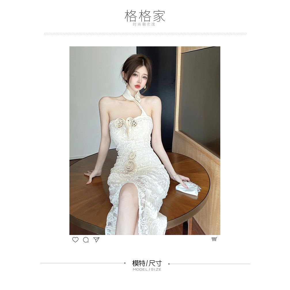 Đầm Hai Dây Dáng Dài Xẻ Tà Phối Ren Hoa Thời Trang Thanh Lịch Gợi Cảm Cho Nữ