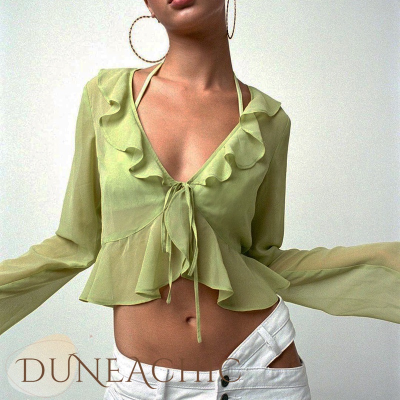 DUNEA Áo Kiểu Tay Dài Cổ Chữ V Thắt Nơ Thời Trang Cho Nữ