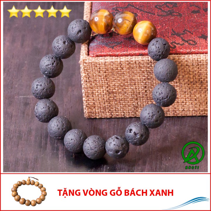 V218-12 Vòng phong thủy đá núi lửa 12 ly mix mắt hổ vàng V218-12(GB)-Kèm Vòng Gỗ bách Xanh