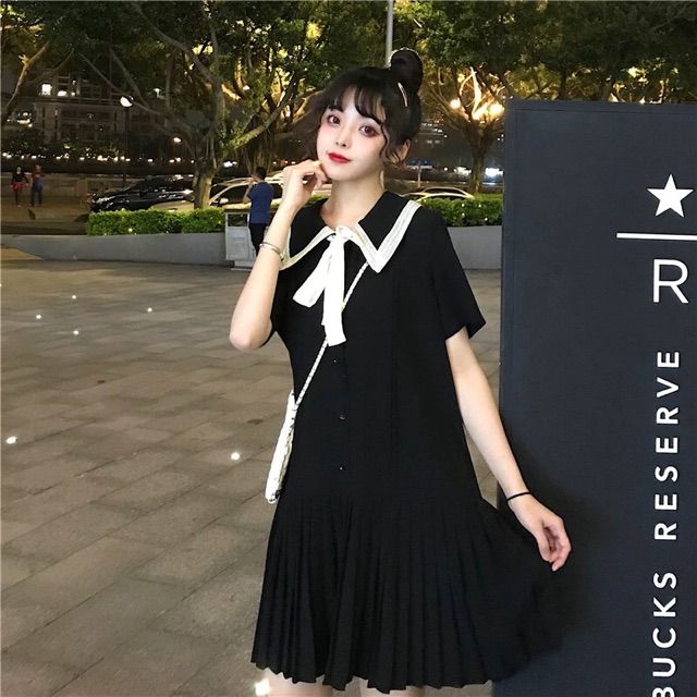 Bigsize M-4XL Đầm cổ viền ren phối nơ, chân xếp li siêu xinh 2019 ullzang