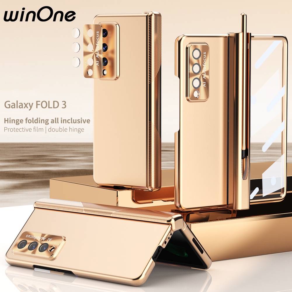 WinOne Ốp Điện Thoại Hai Bản Lề Nâng Cấp Cho Samsung Galaxy Z Fold 3 Vỏ với S Pen,Z Fold 3 Vỏ bảo Siêu Mỏng Có bản lề từ tính mạ + Bảo Vệ Ống Kính Cho Samsung Z Fold3 Case