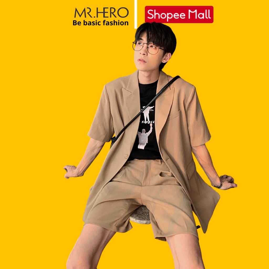 Set 3 Món áo blazer ngắn tay quần short áo phông trắng  M.RO Set06 vải unisex form dáng rộng phong cách Hàn Quốc
