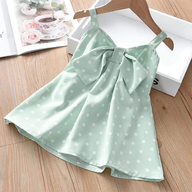 Đầm Mini Không Tay Cổ Chữ V Họa Tiết Chấm Bi Đính Nơ Thời Trang Mùa Hè Cho Bé Gái 2-7 Tuổi