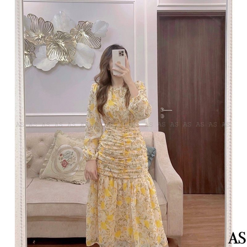 Váy hoa voan vàng dáng dài đuôi cá tay dài
