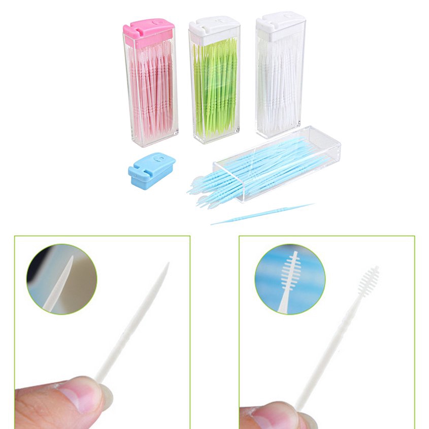 【Ready Stock】Hộp 50 tăm nhựa nha khoa có cọ chải kẽ răng chăm sóc răng miệng