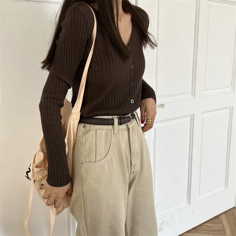 SUXI Áo Cardigan Dệt Kim Tay Dài Cổ Chữ V Màu Sắc Đơn Giản Cho Nữ