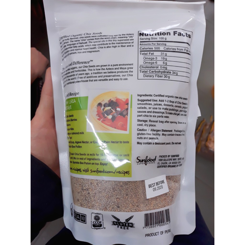 Hạt Chia trắng hữu cơ Sunfood 454g (Peru - Nam Mỹ) (Date 9/2020)