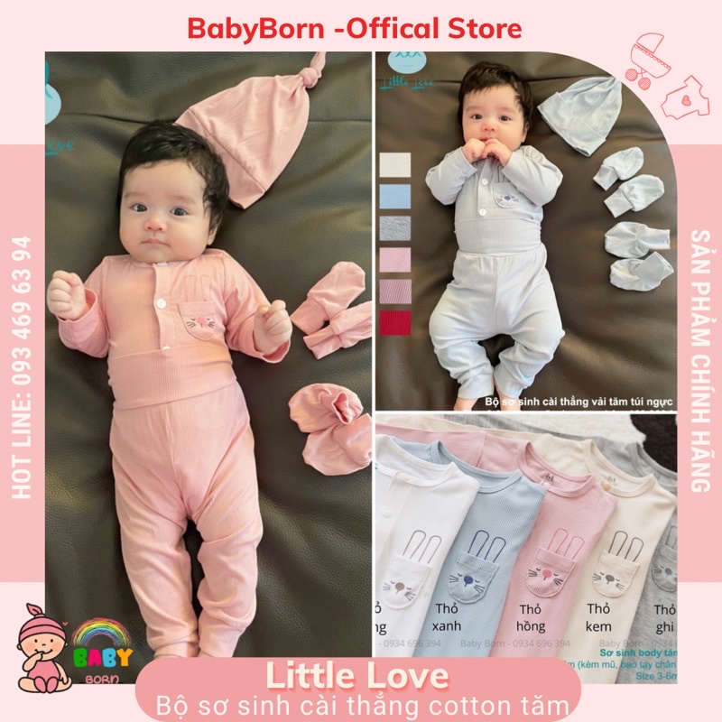 Bộ sơ sinh cài thẳng túi thỏ Little Love chất thun tăm mềm mại (tặng phụ kiện mũ và bao tay chân cho size 0-3m)