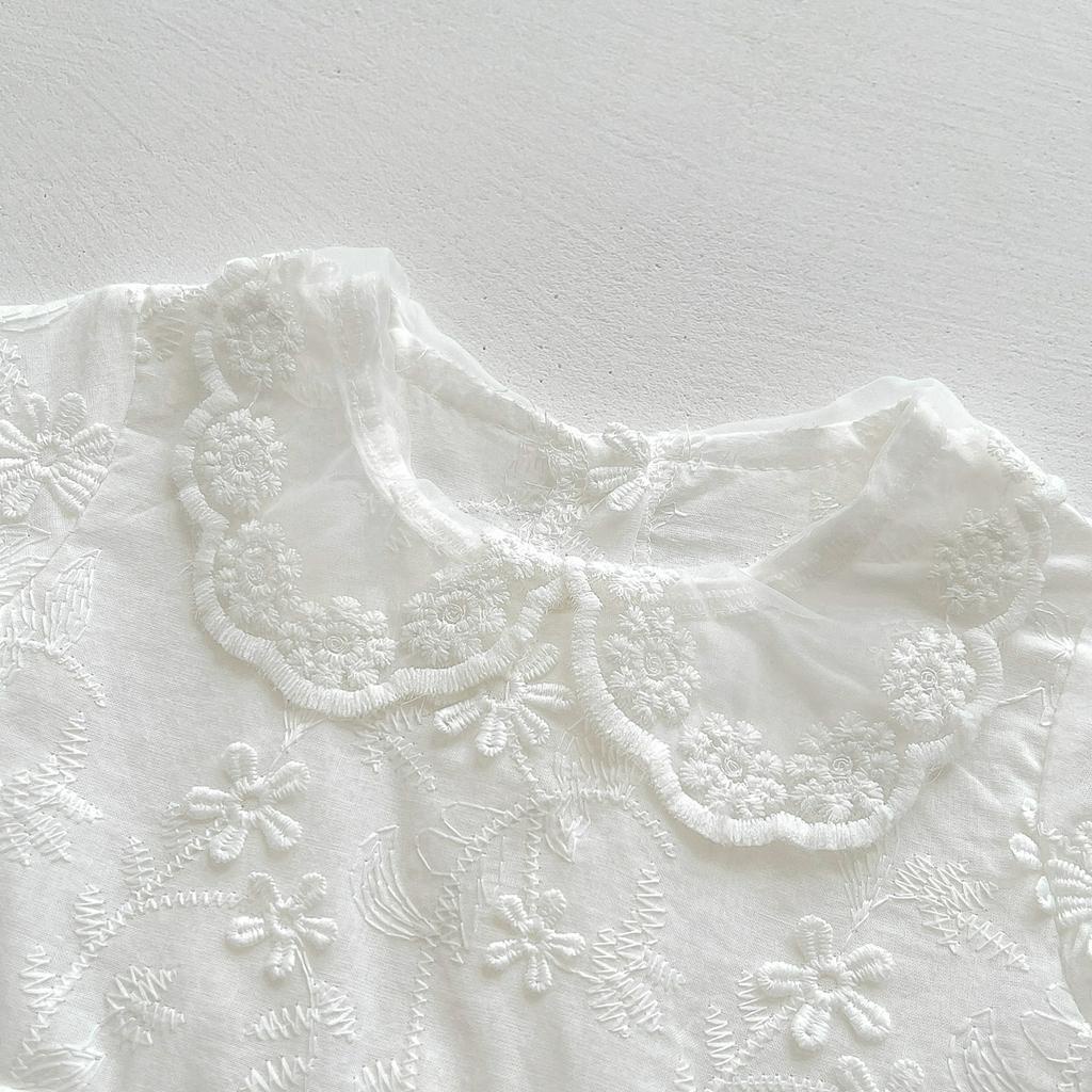 Đầm Công Chúa Ngắn Tay Thêu Hoa Cho Bé Gái