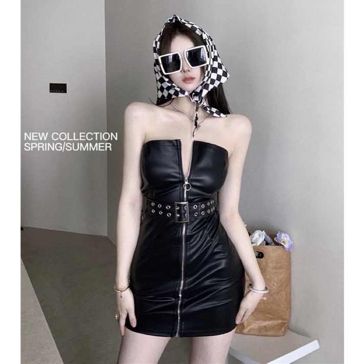 Đầm body da cúp ngực kèm đai Ulzzang